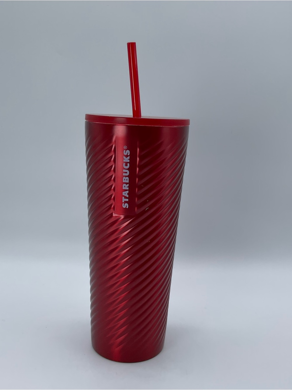 Starbucks 24oz Red Metallic Ribbed Cold Cup Tumbler Straw 2022